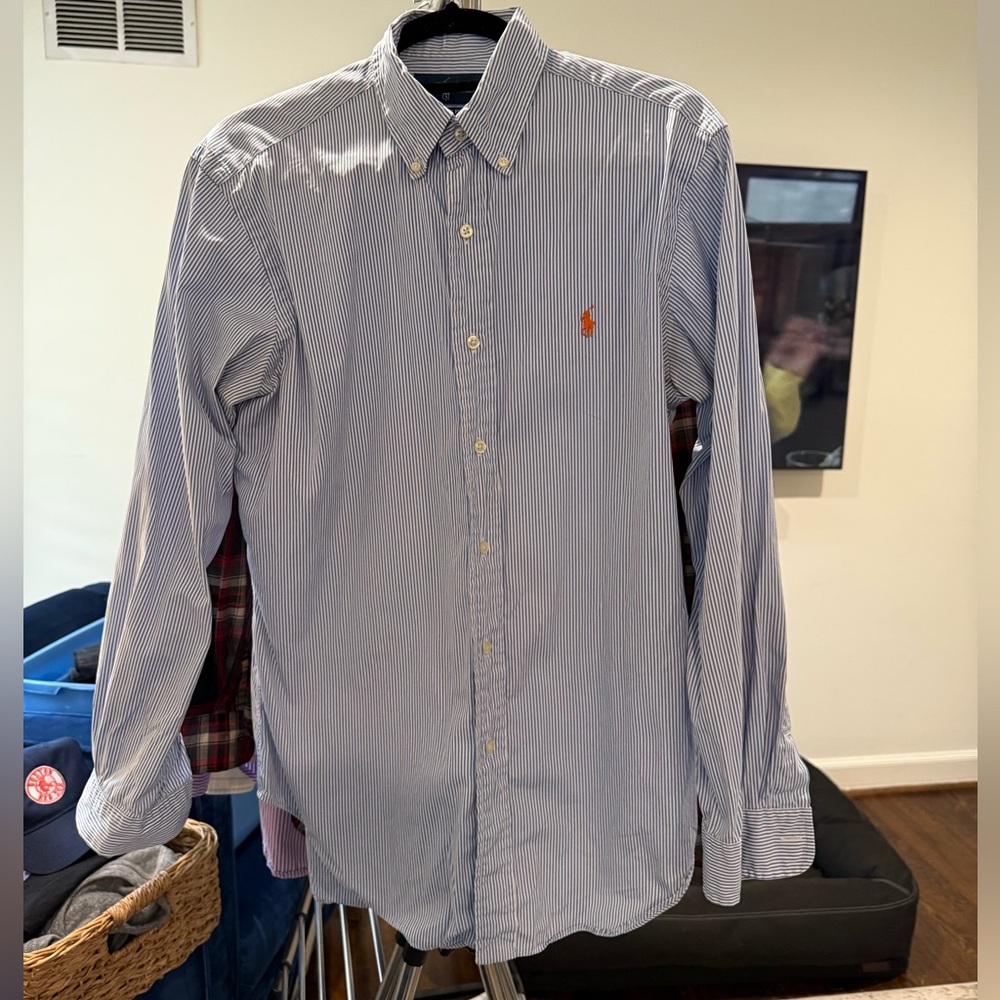 Blue striped Ralph Lauren button down with orange polo logo